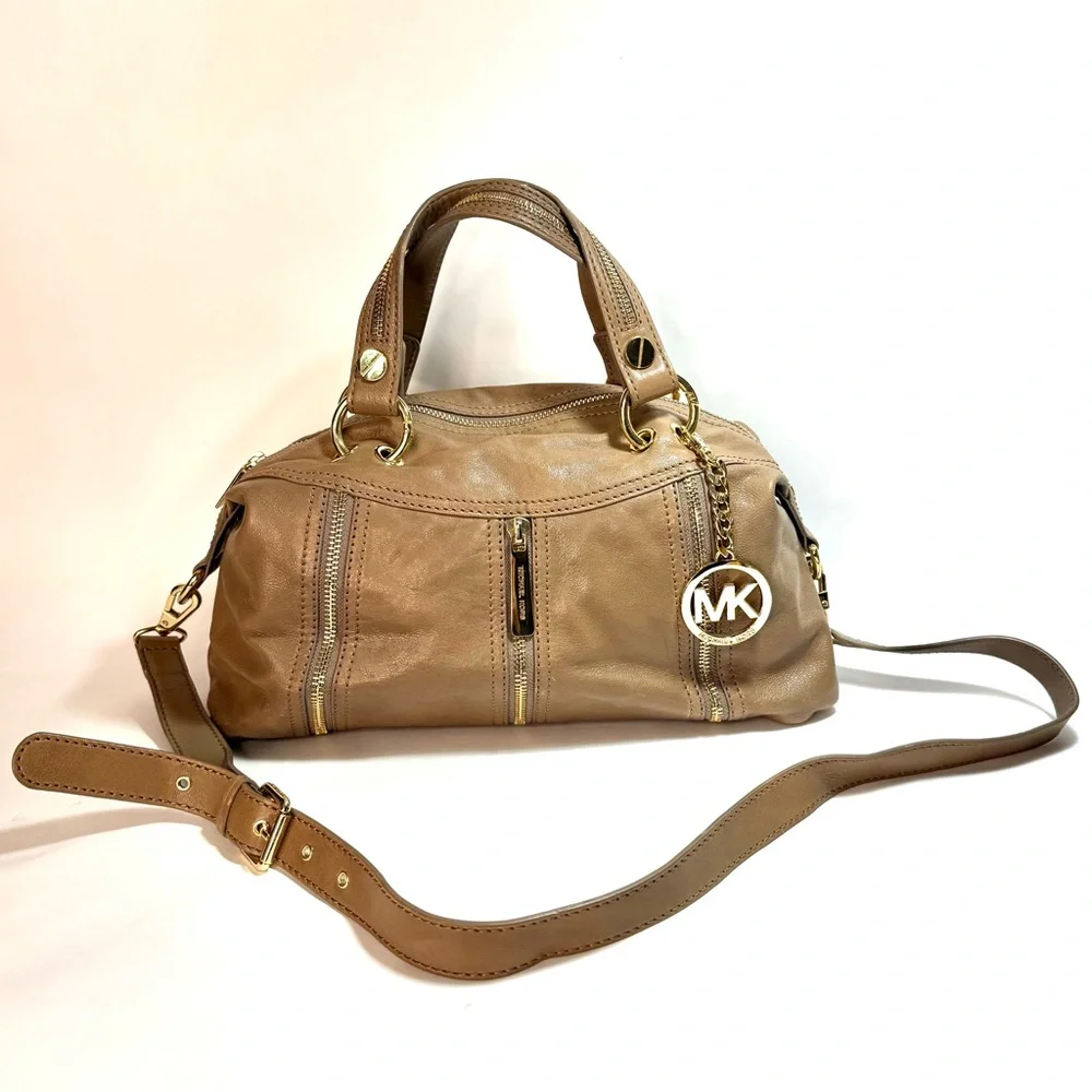 Michael Kors Moxley Taupe Leather Shoulder Crossbody Bag